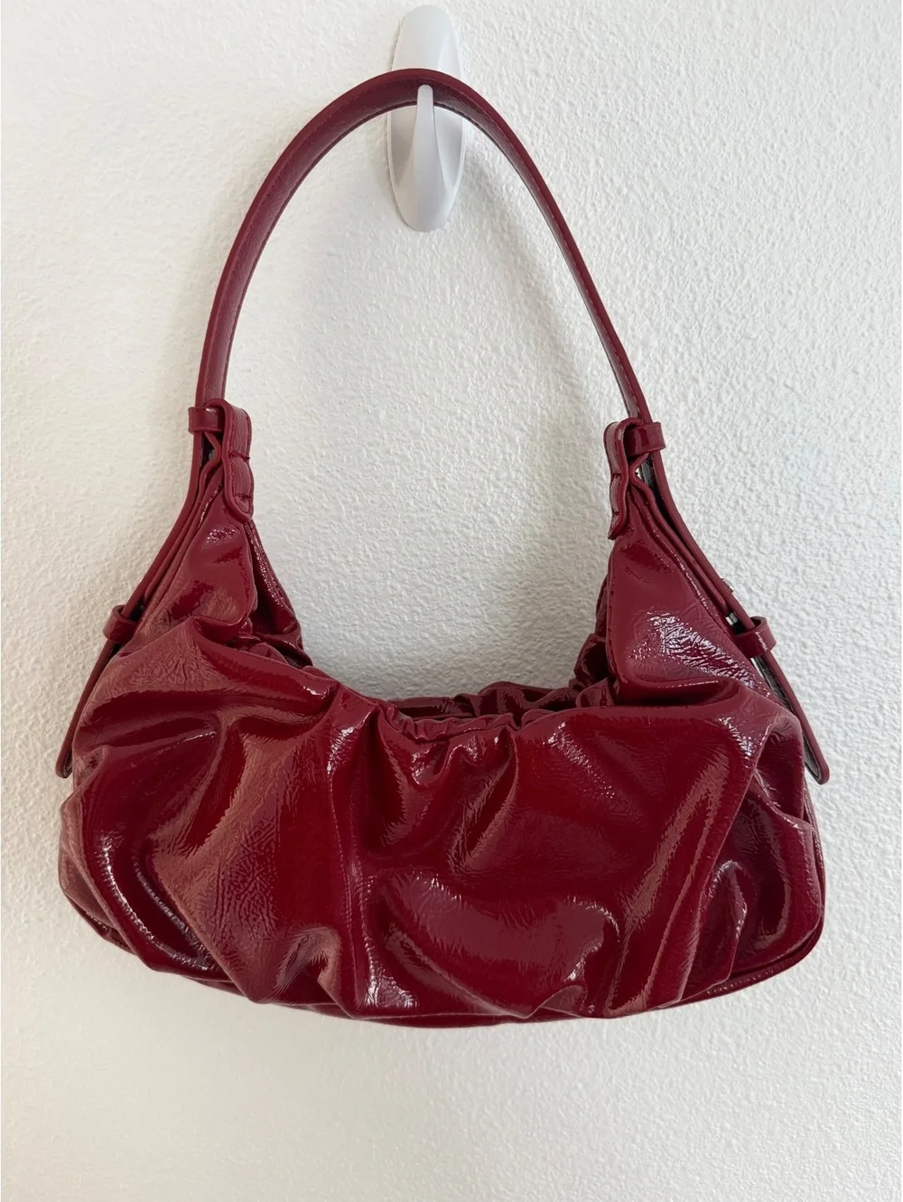 Zara Ruched Scrunched Red Patent Faux Leather Shoulder Bag